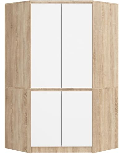 AKORD Armadio Angolare S100 per Camera da Letto, Guardaroba Salvaspazio con 4 Ante e 6 Ripiani, 100x180x50 cm, Rovere Sonoma & Bianco
