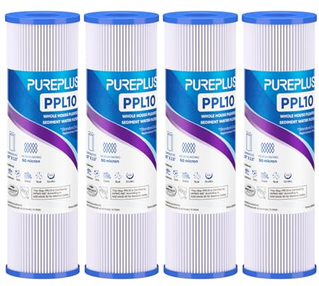 PUREPLUS Filtro de sedimentos plisado de 50 micras de 10 x 2.5 pulgadas para agua de pozo, cartucho de repuesto para sistema universal RO de 10 pulgadas, W50PE, WFPFC3002, SPC-25-1050, FM-50-975, 801