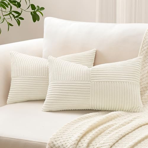 Sungeek Set of 2 Decorative Cushion Covers 30 x 50cm Soft Corduroy Striped Cross Patchwork Textured Pillow Covers Solid Lumbar Throw Pillow Cases for Sofa Bed Patio 12x20 Inch, Cream White