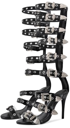 richealnini Sexy Heels for Women Knee High Gladiator Sandals Buckle Studded Rings Black Gladiator Heels for Women Dressy Sparkle Open Toe Kitten Heeled Sandals Silver Belt Straps Punk Size 9