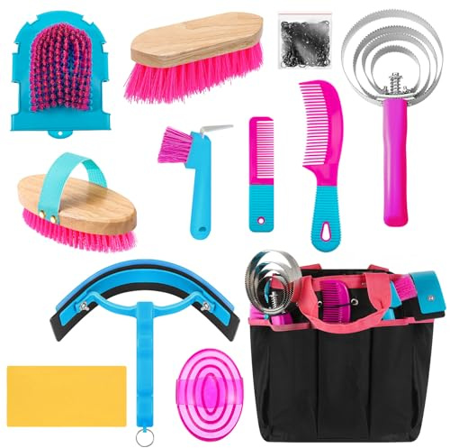 Abbylike 12 Pieces Horse Grooming Kit with Organizer Tote Bag Tack Room Supplies Horse Brush Sets Equine Care Cleaning Kit Shedding Grooming Massaging Tools(Rose Red)