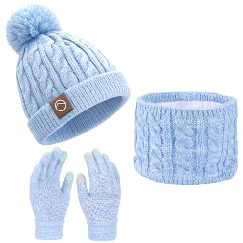 Fiohiros Girls Winter Hat Scarf Gloves Set, Kids Soft Warm Hat Neck Warmer Mittens for 4-10 Years Old Girls (Blue)