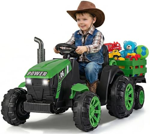 OLAKIDS 24V 9AH Ride on Tractor with Detachable Trailer, 2 x 550W Motors, Remote Control for Toddler (Dark Green)