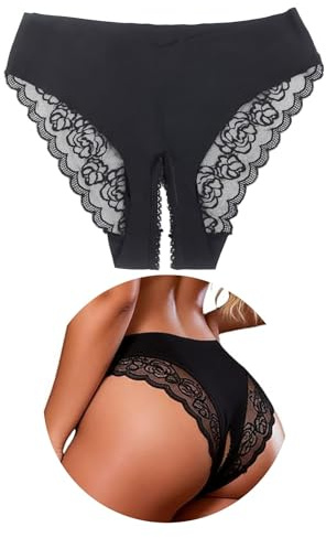 comeondear Tanga Abierto para Mujer de Encaje Bragas Sin Costuras Talla Grande Tangas Abertura de Cintura Baja String Thong Elástico Ropa Interior Sexy Lenceria Atrevida (de Secado rápido) Negro,XXL