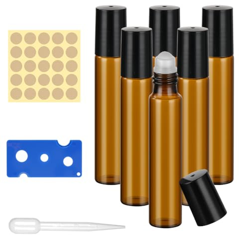 ALIIP Roll on glasflaskor för eterisk olja, set om 6 x 10 ml, anti-UV tomma glas roll-on-flaskor, påfyllningsbara roll-on-flaskor för oljor, doftämnen, kosmetika, massage