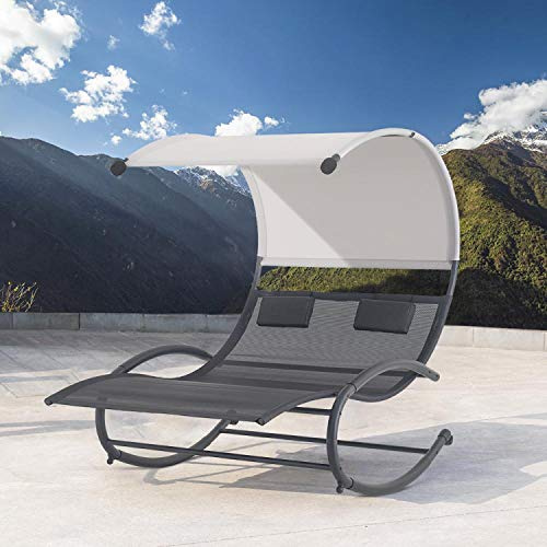 CONCEPT USINE | Transat Double à Bascule avec Auvent | Design VAITA Noir & Gris | 2 Places pour Relaxation en Duo | 2 Roues Pratiques | 200kg Max | Décoration d'Extérieur | Résiste aux Intempéries