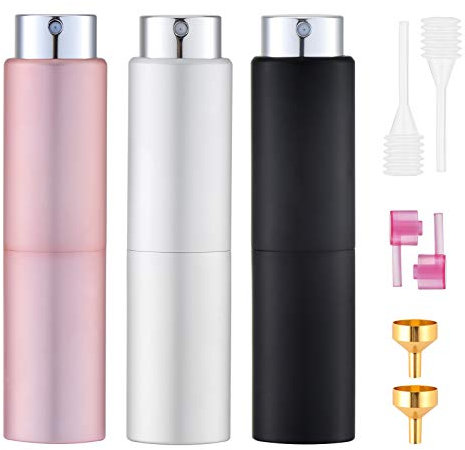 Toureal 20ml Perfume Atomiser for Travel (3 PCS), Refillable Spray Bottles, Aftershave Dispenser (Black, Pink, Silver)