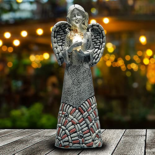 Yiosax Angel Garden Statues Outdoor Solar Decor Gifts for Women Cross Praying for Cemetery Backyard Lawn Yard Decoration（10.24inch）