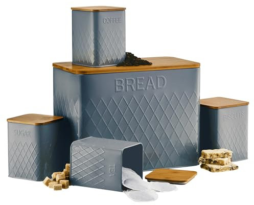 Cooks Professional 5 Piece Tea, Coffee, Sugar, Biscuit & Bread Square Cannister Set with Bamboo Lids | Diamond Pattern Labelled Stainless Steel Kitchen Storage Bins Airtight Containers | Dark Grey