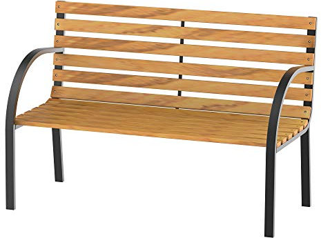 Outsunny Banc de Jardin 2 Places Style Rural Chic Assise Dossier à Lattes Bois Naturel lasuré châssis Acier époxy Noir