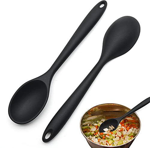 2 Pezzi Cucchiaio di Silicone per Mescolare, Cucchiaio da Cucina ​Resistenti al Calore Miscelazione Cucchiai Strumenti di Miscelazione Agitazione per Mescolare la Miscelazione (Nero)
