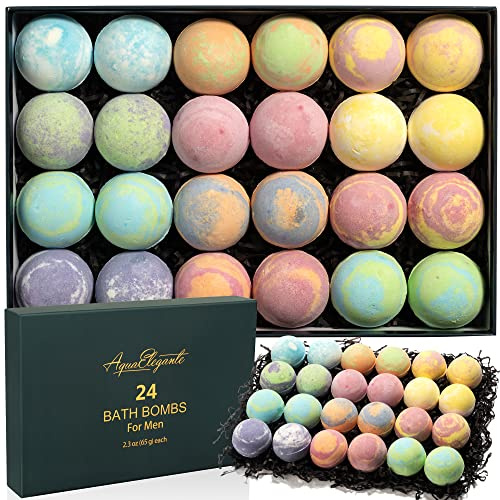 Aqua Elegante Luxury Bath Bombs for Men - Gift Set of 24 Fizzy Bathbombs with Essential Oils, Shea Butter, Coconut Oil - No Stain, Natural, Vegan Moisturizing Spa Present for Dad, Husband, Boyfriend