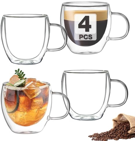 Mfacoy Double Wall Insulated Glasses Espresso Cups Set of 4 (50% Thicker), 5 oz Clear Coffee Cups with Handle, Shot Glasses, Suit for Espresso Machine, Latte, Cappuccino, Glass Coffee Mugs