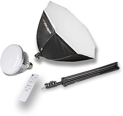 Walimex pro Softbox Octagon Ø65cm 60W Bi Color LED I inkl. Stativ, Diffusor, Tasche & Fernbedienung I Farbtemperatur 3.000 – 6.000 K I Profi-Fotos & Videos I Neigbar, hohe Farbgenauigkeit