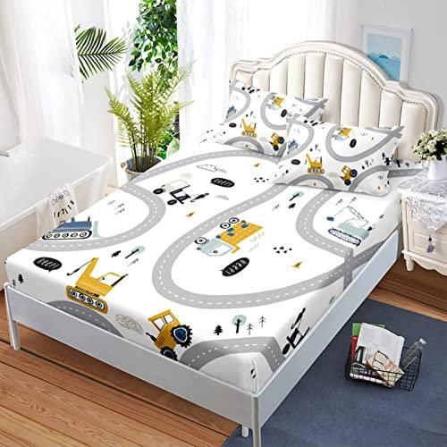 3D Cartoon-Auto Spannbettlaken 120x200 cm, Mikrofaser Bettlaken für Kinder Erwachsene, Boxspringbett Spannbetttuch bis 30 cm Matratzenhöhe, Bettlaken 120 x 200 Mit 1 x Kissenbezügen 80x80 cm