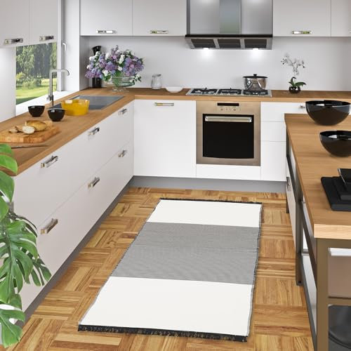 Pergamon Läufer Teppich Beidseitig Flachgewebe Ethno Kelim Grau Schwarz Lines, Teppich Läufer, Küchenläufer, Teppich Pflegeleicht und Waschbar in 5 Größen