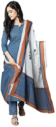 Set kurti da donna con top kurta indiano dupatta con pantaloni, Blu foglia di tè e bianco-1, XXL