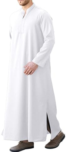 LVCBL Herren Kaftan mit V-Ausschnitt - Leinen Thobe in Langarm Weiß