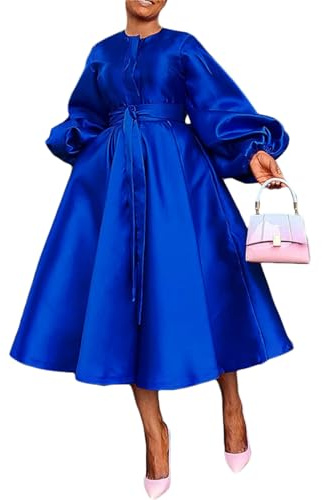 SHINFY Casual Church Dresses for Women Satin Long Sleeve A Line Semi Formal Fit Maxi Long Dresses with Pockets Blue