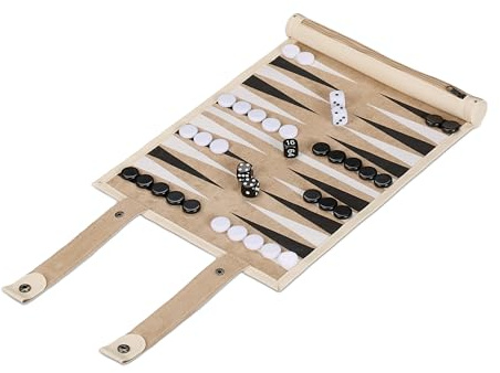 Relaxdays Backgammon, resespel att rulla upp, inklusive tillbehör, spelfält B x D: 32 x 26 cm, läderutseende, brädspel, beige