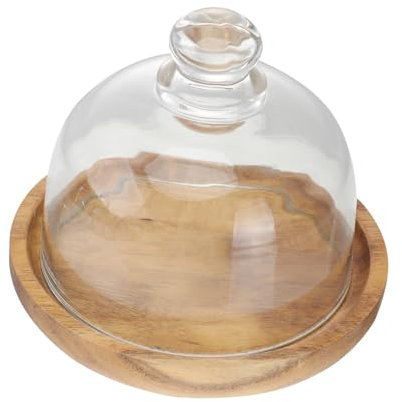 IMIKEYA Elegant Glass Cover Cake Pan Wooden Server Cake Stand for Dessert and Wine Tasting