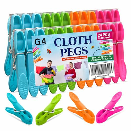 G4GADGET Clothes Pegs 24 Pack, Strong Grip Pegs for Washing Line, Durable Plastic Laundry Pegs with Stainless Steel Spring, Non-Slip Washing Pegs for Clothes Drying, Home & Garden Use
