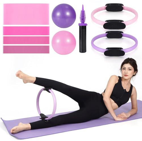 Juego de anillos de pilates y bola de pilates, anillo de pilates mágico de 12 pulgadas y 14 pulgadas, bola de ejercicio pequeña de 9 pulgadas, juego de bandas de resistencia, equipo de pilates en casa