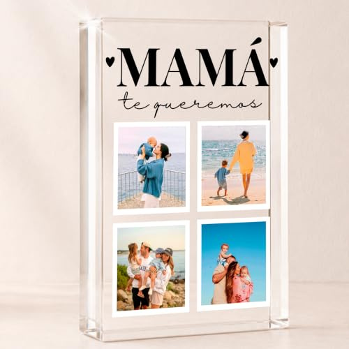 Cristal Plaque - Bloque Personalizado Mamá con 4 Fotos y Mensaje | Lámpara LED con Base de Madera y Placa Metacrilato Te queremos mucho | Regalo Original Día de la Madre