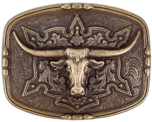 CALFOVERA Rectangle Cowgirl Long Horn Bull Waistband Buckle Western Rodeo Cowboy Bull Head Belt Buckle Vintage Country Engraved Cowboy Alloy Fastener for Men Women Belt Replacement (Brown)