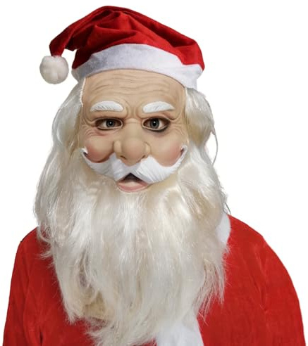 Jultomtens ansiktsskydd – realistisk julrolig latex – heltäckande ansiktsskydd med röd tomtemössa och skägg – för festfirande sammankomster evenemang föreställning barn tonåringar män kvinnor