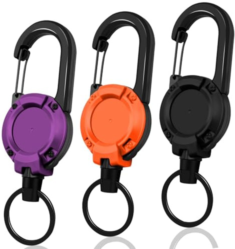 ZIOYANE 3 pezzi portachiavi estensibile, cordino retrattile con clip ABS portachiavi e portachiavi con clip Set moschettone incluso per campeggio all'aperto e uso tattico (nero viola arancione)