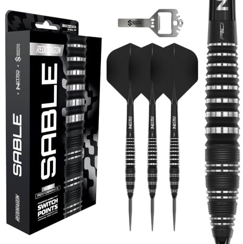 Röd DRAGON Darts – Sable Series | Switch Points Powered by Winmau | 90 % Tungsten Steelarts Set | Parallel, Torpedo & Bomb Barrel | Proi dartpilar med metallspets | 21 g, 22 g, 23 g, 24 g, 25 g, 26 g