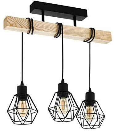 EGLO Deckenlampe Townshend 5, 3 flammige Vintage Deckenleuchte im Industrial Design, Retro Pendelleuchte aus Stahl und Holz, Farbe: Schwarz, braun, Fassung: E27