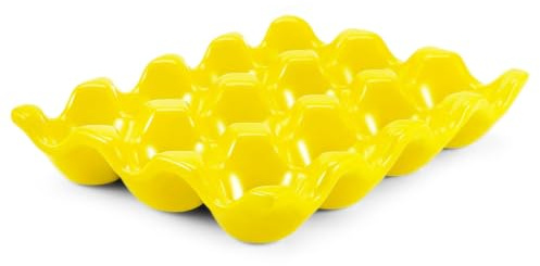 Flexzion Ceramic Egg Holder for Fridge - 12 Cups Egg Tray Whole Dozen Porcelain Container Keeper Storage Organizer Decorative Serving Stand Serveware for Countertop Display Kitchen (Yellow)