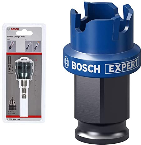 Bosch Professional 1x Power Change Plus Adapter (Aufnahme 3/8“, Sechskant, Ø 8,7 mm) + 1x Expert Sheet Metal Lochsäge (für Stahlbleche, Edelstahlbleche, Ø 20 mm, Zubehör Schlagbohrmaschine)