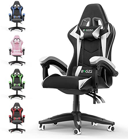 bigzzia Ergonomic Gaming Chair - Gamer Chairs with Lumbar Cushion + Headrest, Height-Adjustable Office & Computer Chair for Adults (without footrest, White)