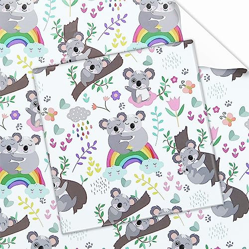 Geburtstags-Geschenkpapier für Kinder, Mädchen und Jungen, süßes Geschenkpapier mit Koala-Regenbogen-Design für Geburtstag und Babyparty, 4 flach gefaltete Blätter, 50 x 70 cm pro Blatt