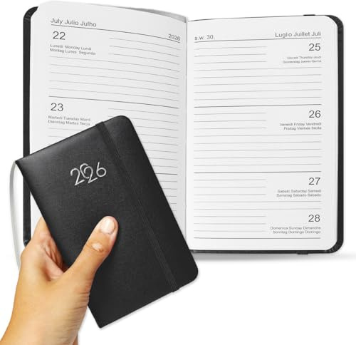 Agenda Settimanale 2026 Tascabile Italiano - 14x9cm, Copertina in PU Morbido con Chiusura a Elastico e Segnalibro - Agendina per Scuola, Università, Lavoro - Idea Regalo (Nero)