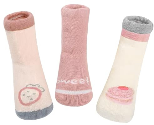 3 Pares Bebé Calcetines Invierno Grueso Calcetines a Media Pantorrilla 1-3 Años Recién Nacido Niño Niña Algodón Cálido Calcetines Suave Cómodo con Dibujos Animados, Fresas M