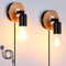 GZZBMY Wandbeleuchtung E27 mit Stecker Industrial Retro 360°+90°Drehbar Schalter Metall Holz Wandleuchter Wandlampe Innen Reppenhaus Schlafzimmer Wohnzimmer Treppenhaus Schwarz (2 Stück)