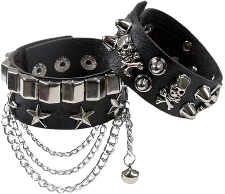 Gomice Bracciale con teschio, Bracciali con roccia,Set di braccialetti con catena nera con teschio e stella - punk Polsino con fibbia con rivetti a punta borchiati per ragazza
