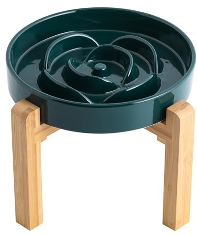 8.66 in Green Dog Bowl Ceramic Slow Feeder with Wood Stand for Small Medium Large Dogs, Elevated/Raised Slow Feeding Dog Dish to Slow Down Eating, Heavy Puppy Bowl for Fast Eaters