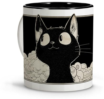 Tasse mit Cartoon-Katze, Anime-Stil, originelle Tassen zum Verschenken, Geek-Anime-Geschenk, japanische Dekoration, Chavenas-Katze, lustige Tasse, Caneca, große Frühstückstasse, schwarze Kaffeetasse.