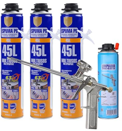 Kit Completo para Aplicación de Espuma de Poliuretano - Incluye 3 Botes con Cánula de 750 ml, Pistola de Aplicación y Limpiador de Espuma 500 ml - Perfecto para Sellado y Aislamiento