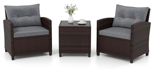 GIANTEX Rattan Gartenmöbel Set, Balkonmöbel Kleiner Balkon, Lounge Gartenmöbel Set, Balkon Möbel für 2 Personen, Gartenlounge Set 2 Sessel & Tisch, 3 tlg. Gartensitzgruppe inkl. Sitz- und Rückenkissen