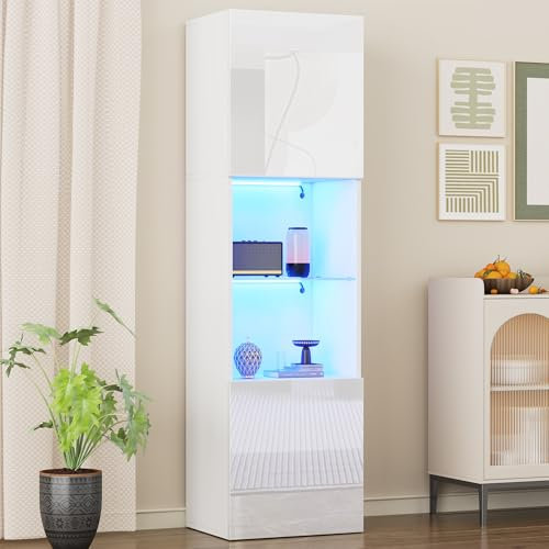 Merax Vitrinenschrank 160cm, Glasvitrine mit LED-Beleuchtung, Weiß Hochglanz - Moderne Kommode mit viel Stauraum, Bücherschrank Hochschrank Highboard, Schrank für Wohnzimmer Küche Esszimmer Büro