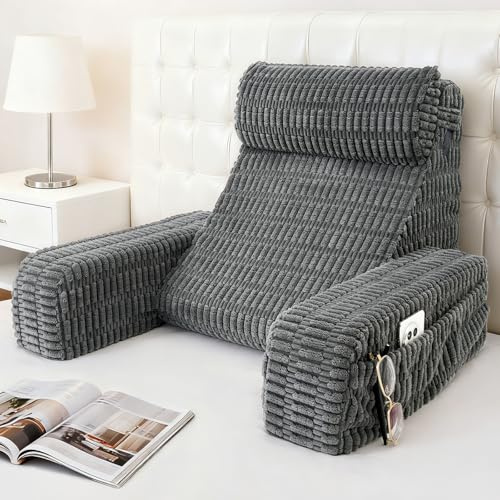 Selectico 19 Reading Pillow for Bed with Built-in Arms & Large Pockets, Supportive Backrest Cushion for Reading, Resting, or Reclining, Washable Cover – Grey