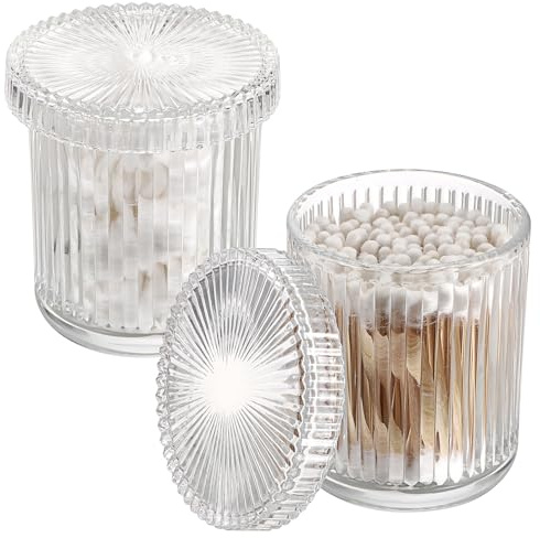 OLegei Glass Cotton Ball and Swab Holder Organizer, Set of 2 Bathroom Glass Storage Jars with Lid, Q-tips Floss Dispenser, Vanity Makeup Accessories Storage Jar, Apothecary Storage Canister(Clear)
