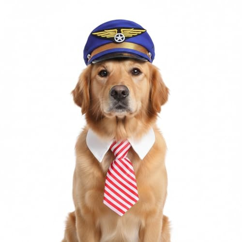 Supvox Costume de pilote pour chien - Chapeau de pilote brodé avec cravate assortie - Accessoire de cosplay pour chiens et chats - Chapeau de fête pour Noël et photos