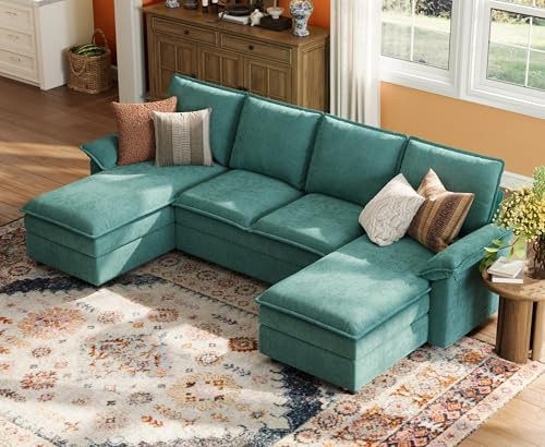 LINSY HOME U Shaped Couch Sectional Sofa, 115 Modular Couches with Double Chaise Lounge, Chenille 4 Seater Sofa Set for Living Room, Apartment, Office, Green